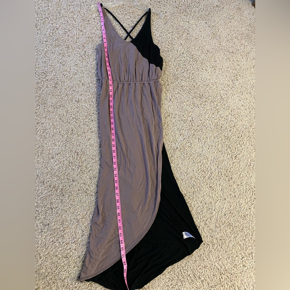 Black and grey maxi wrap dress. Comfy and stretchy, braided cross-strap detail